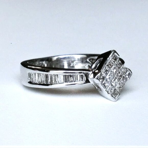 14K White Gold Princess Cut Baguette Diamond Invisible Setting Engagement Ring P